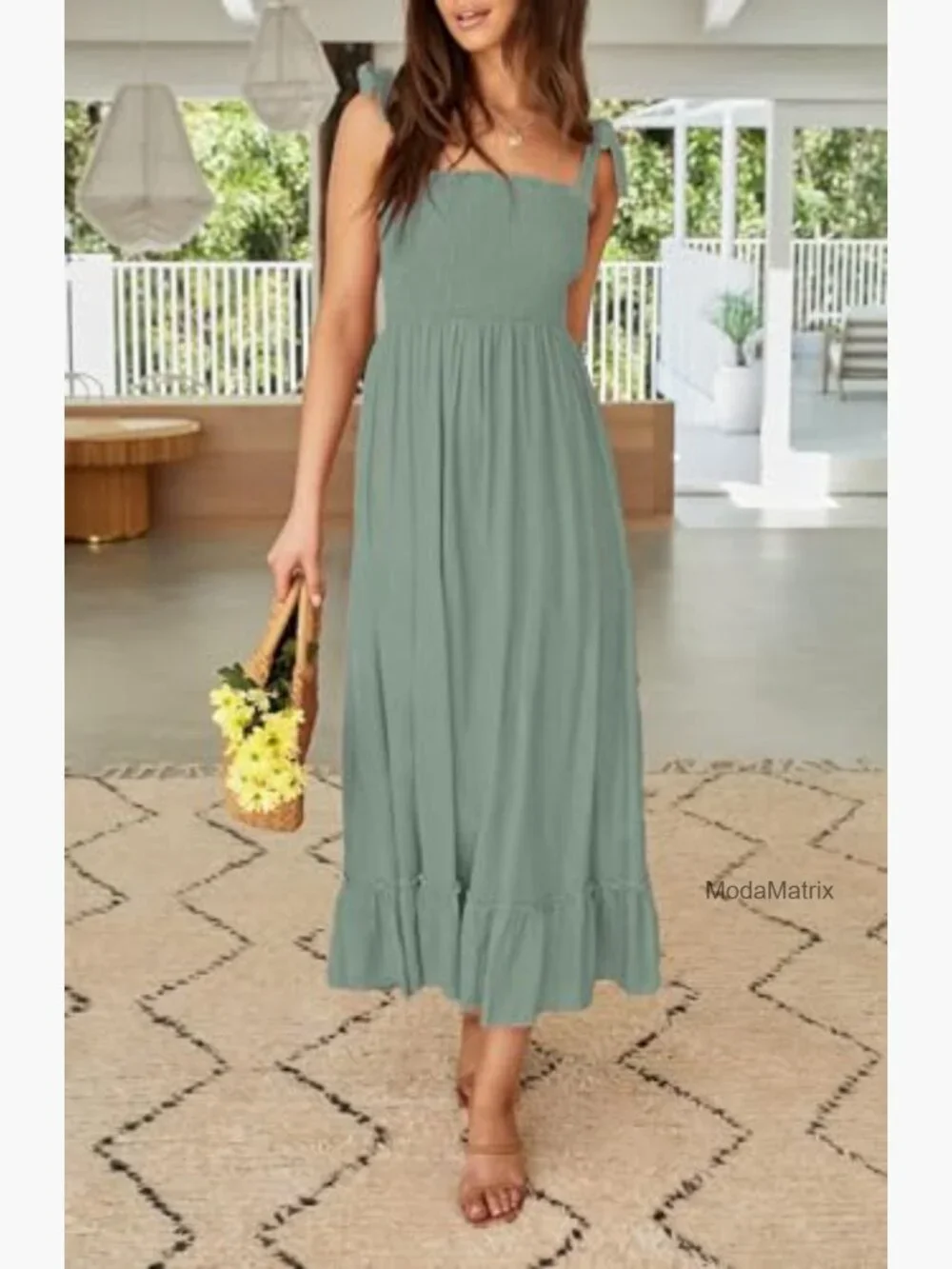 Girls Square Neck Ruffle Maxi Dress Sleeveless Smocked Bodice Tiered Casual